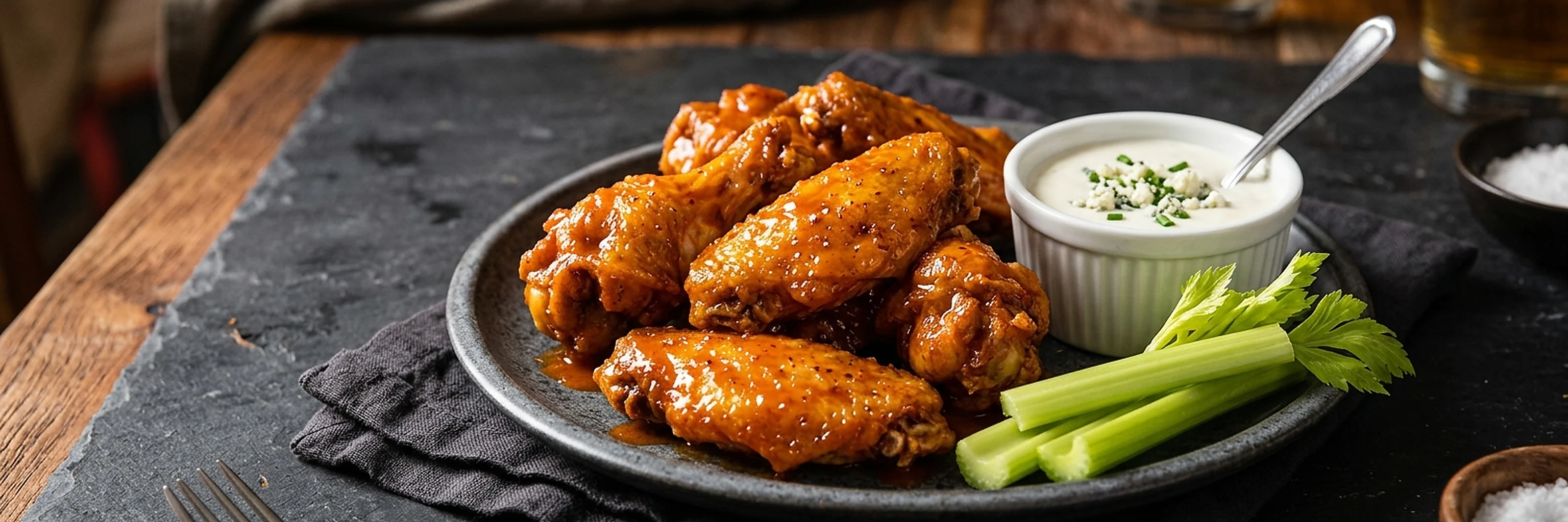 Buffalo wings with blue cheese dip and celery on a dark table