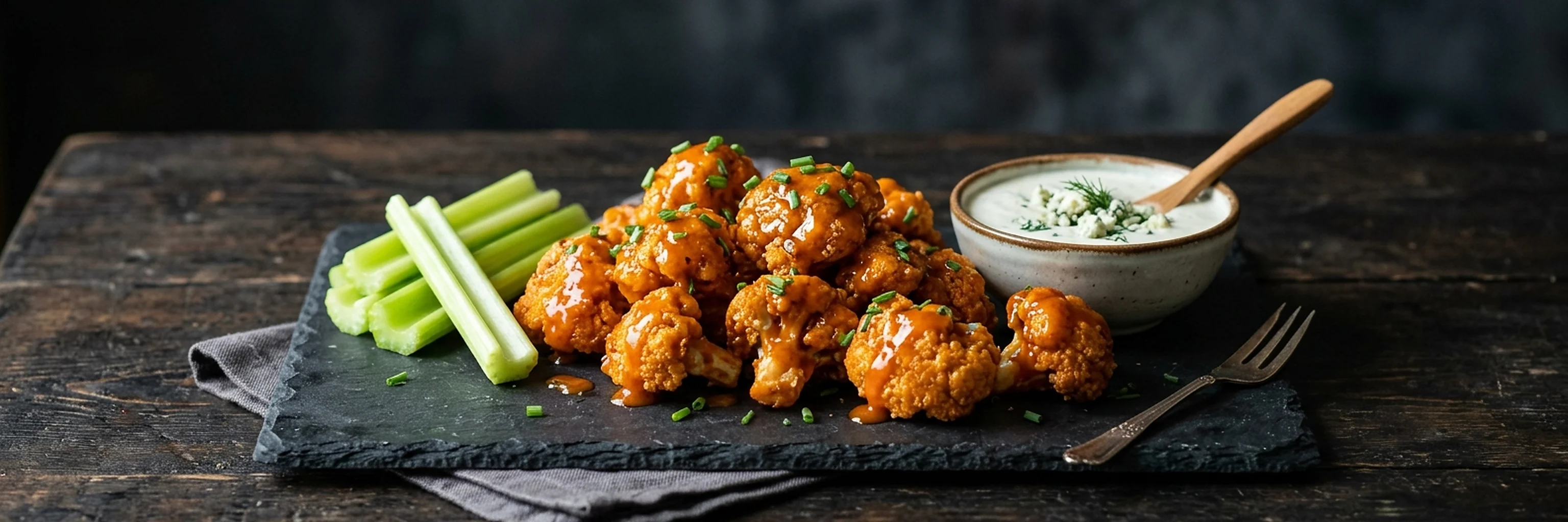 Buffalo cauliflower bites with celery and dip