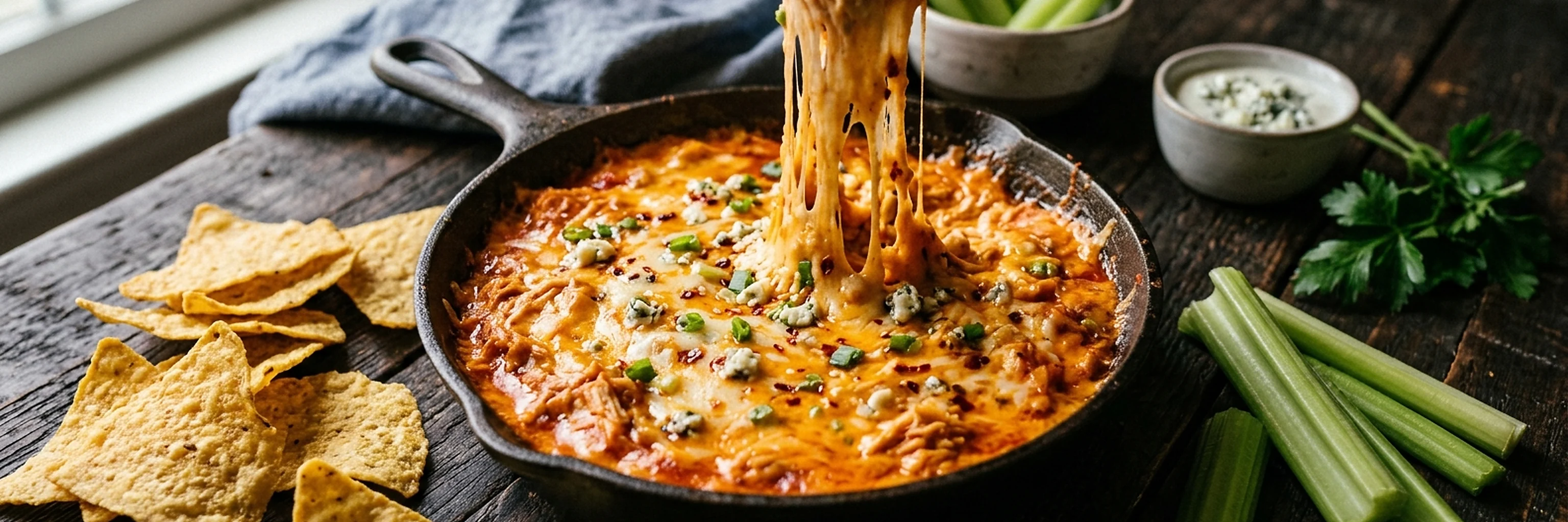 Hot buffalo dip with chips and celery on a dark table