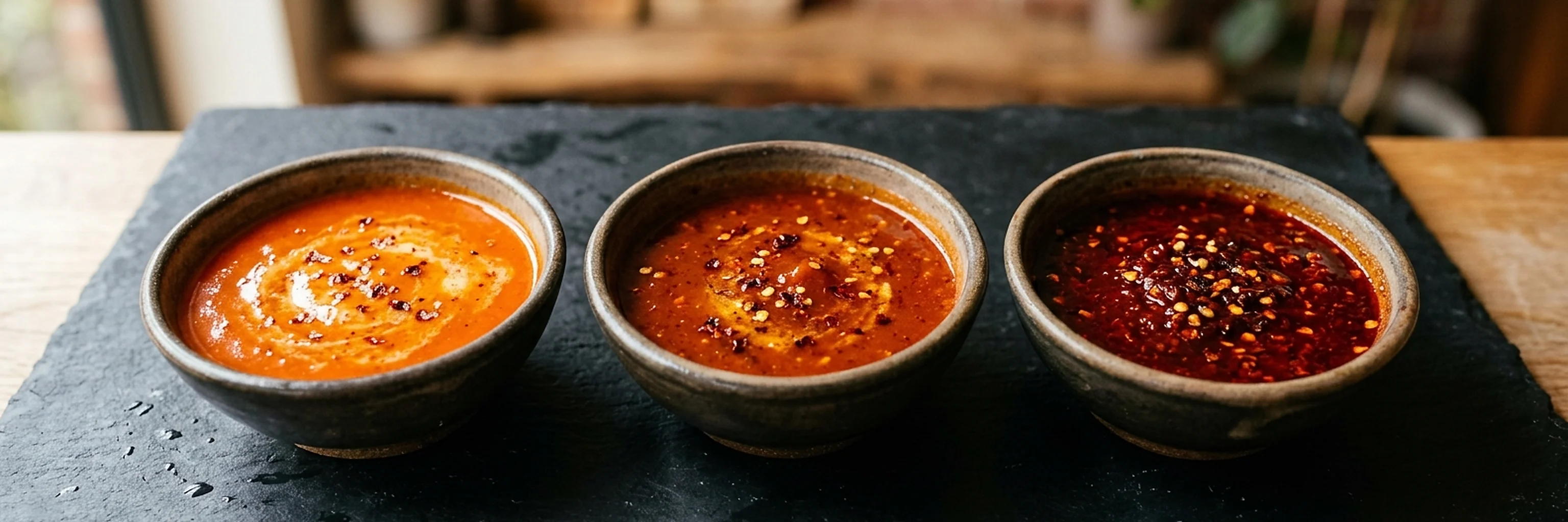 Three bowls of buffalo sauce at different heat levels
