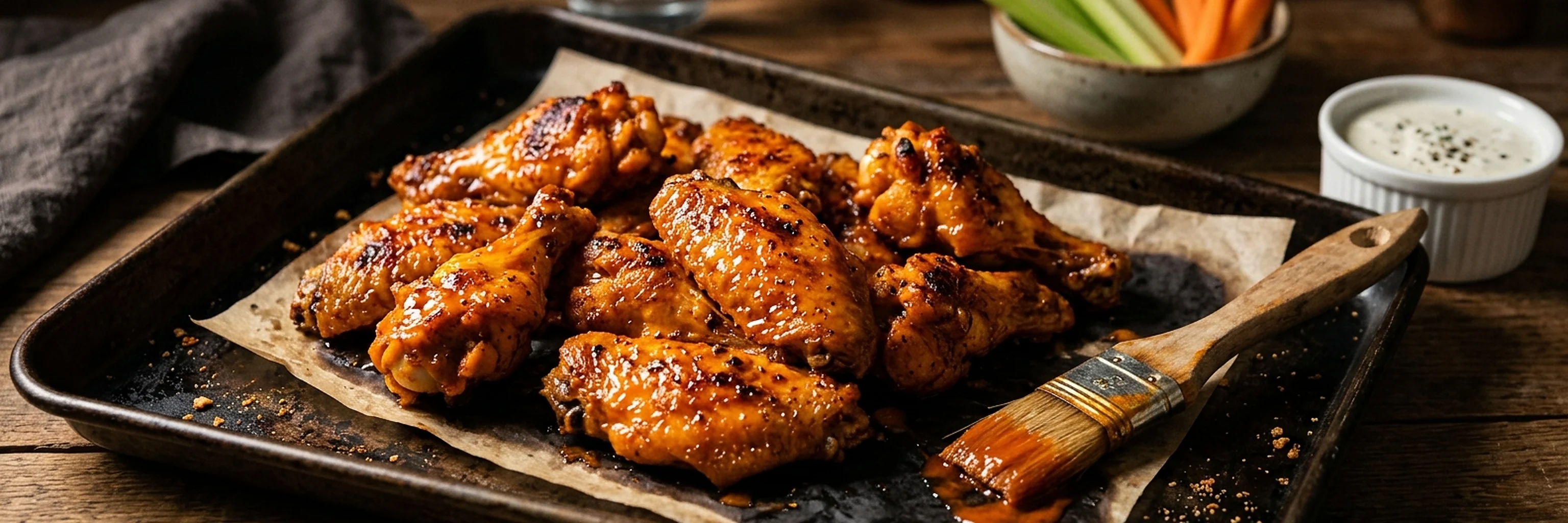 Baked buffalo wings on a sheet pan with sauce brush