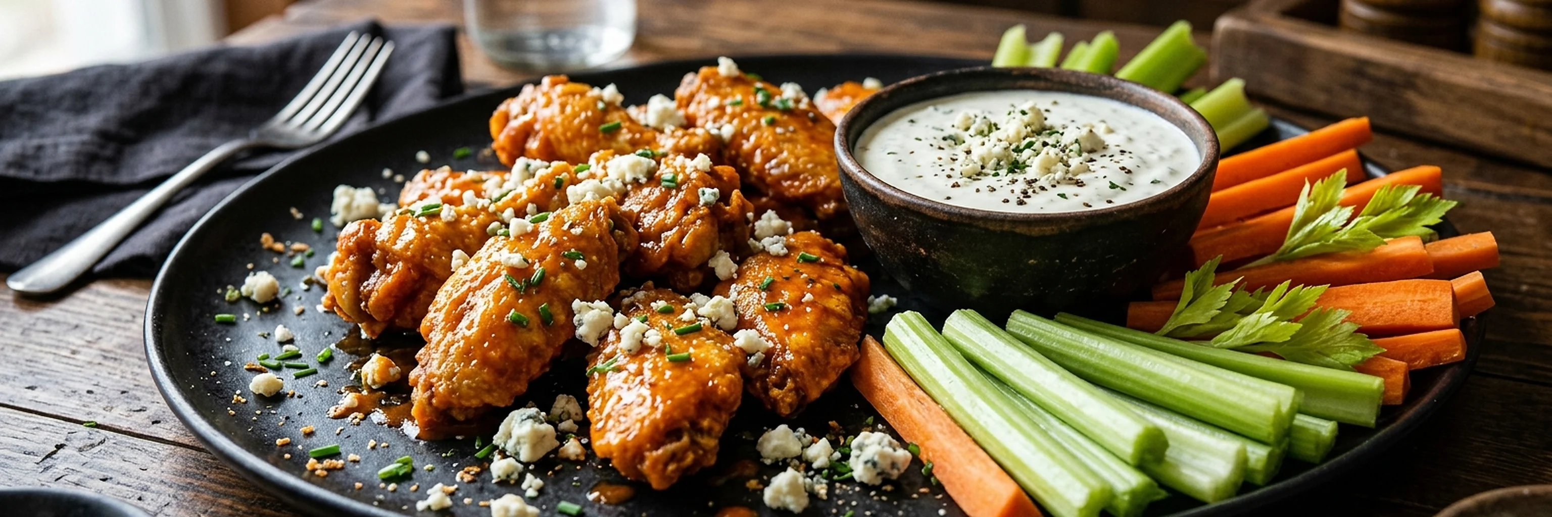 Buffalo wings with blue cheese, celery, and carrots