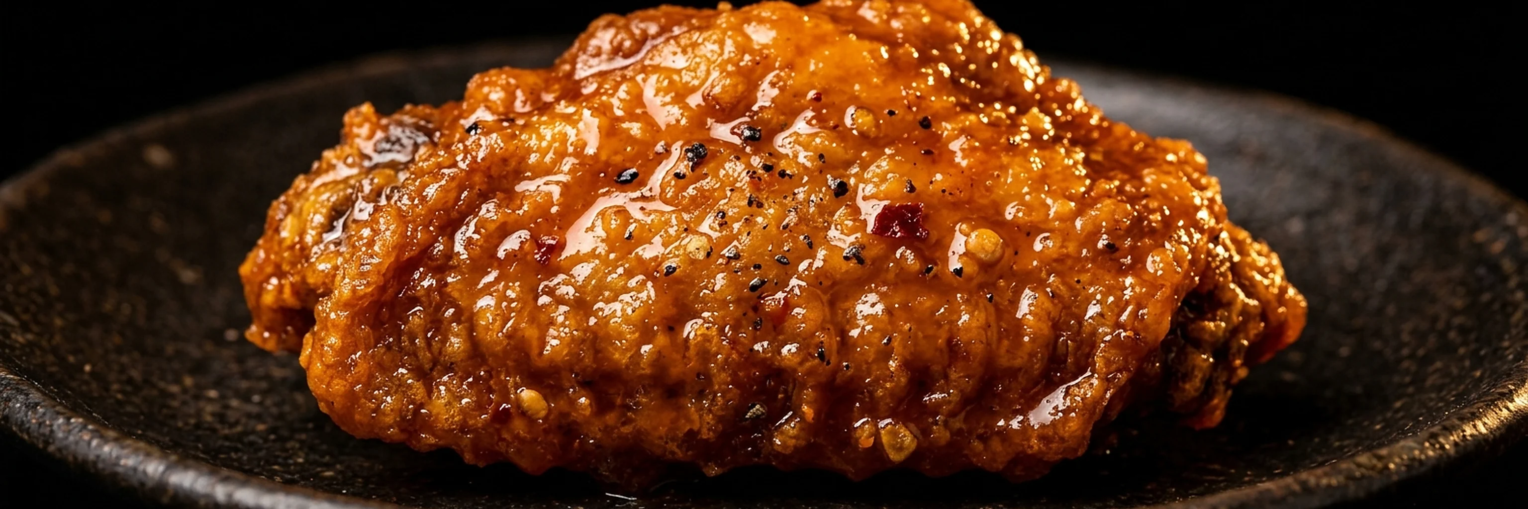 Close-up of a glossy sauced buffalo wing