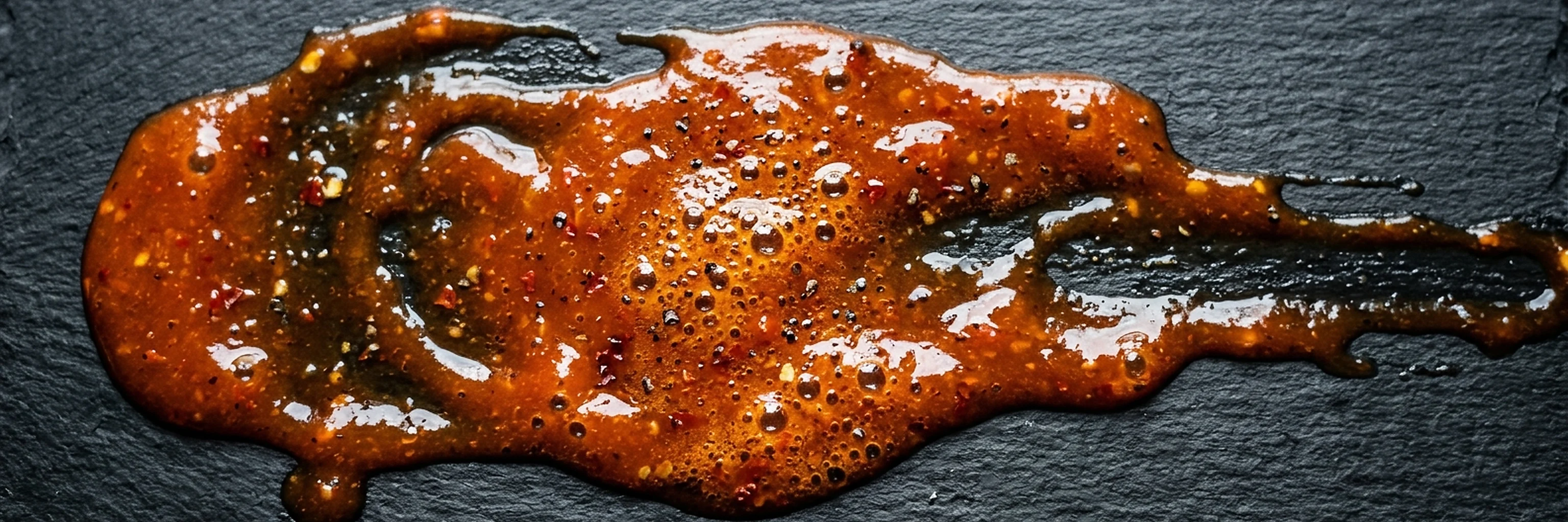 Glossy buffalo sauce spread across dark slate