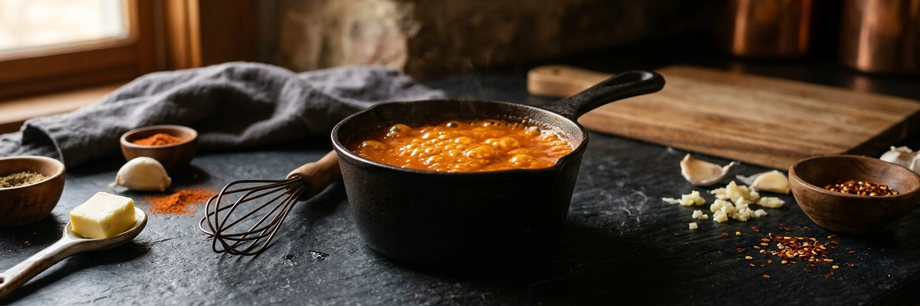 Buffalo sauce simmering in a dark saucepan with ingredients