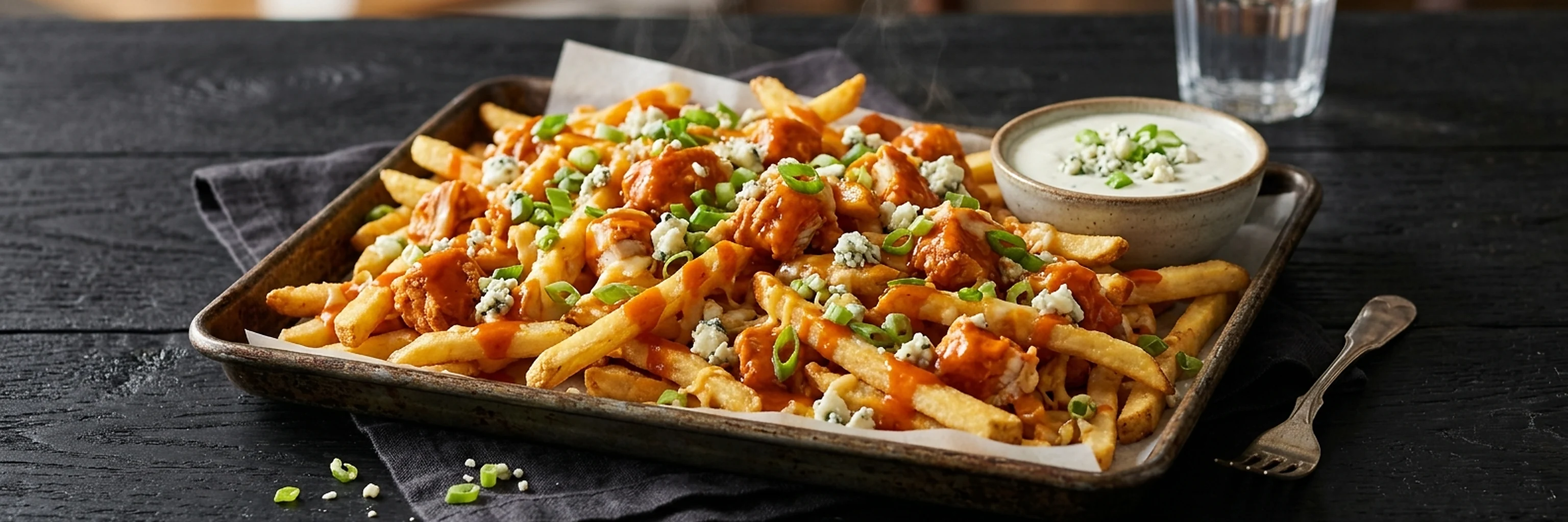 Loaded buffalo fries with blue cheese and scallions