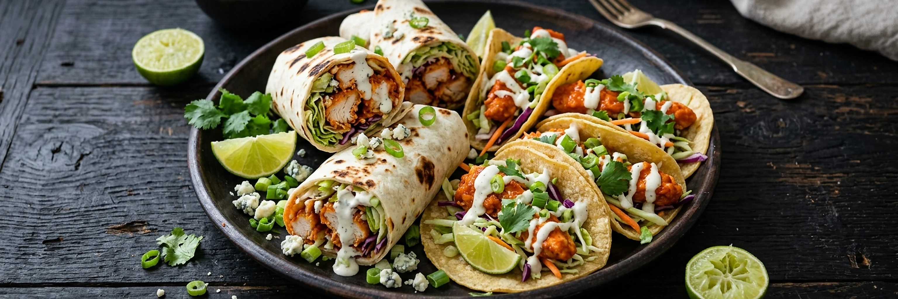Buffalo wraps and taco-style bites on a dark platter