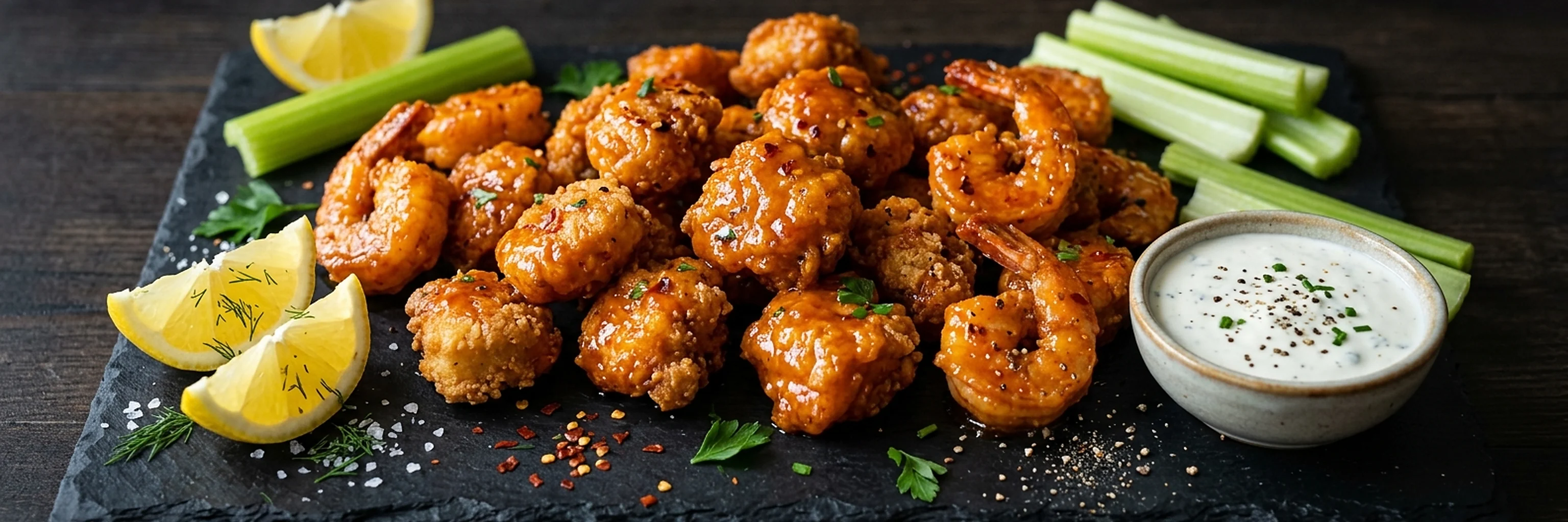 Buffalo seafood bites with lemon, celery, and dip