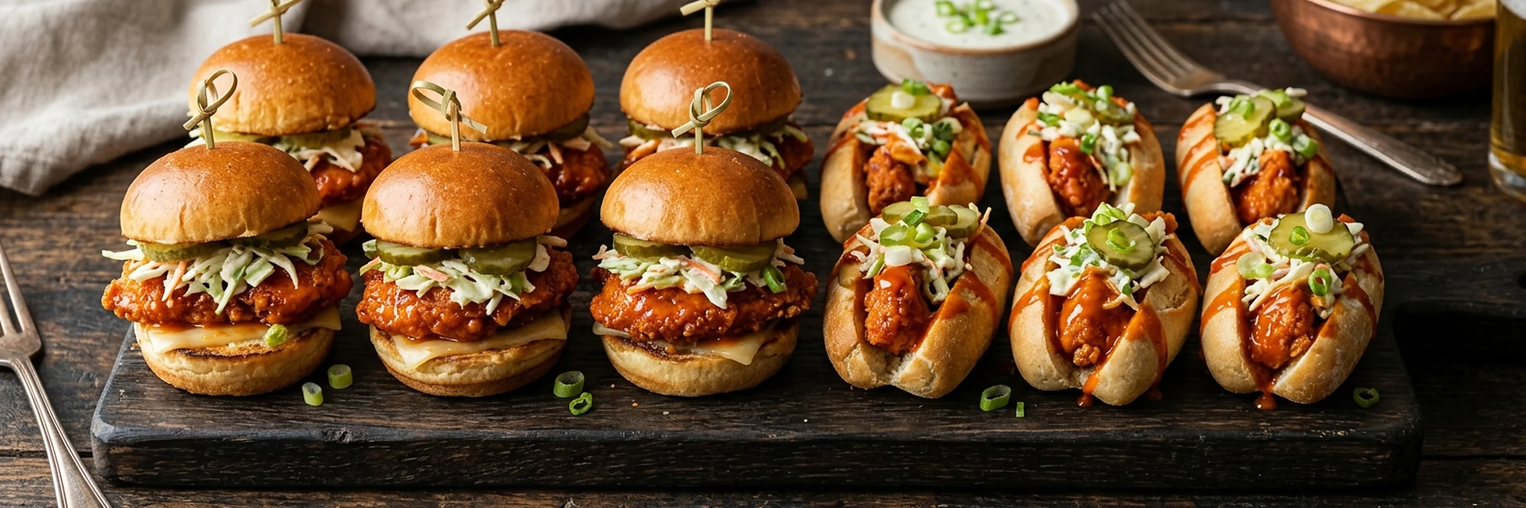 Buffalo sliders and sandwich bites on a dark serving board