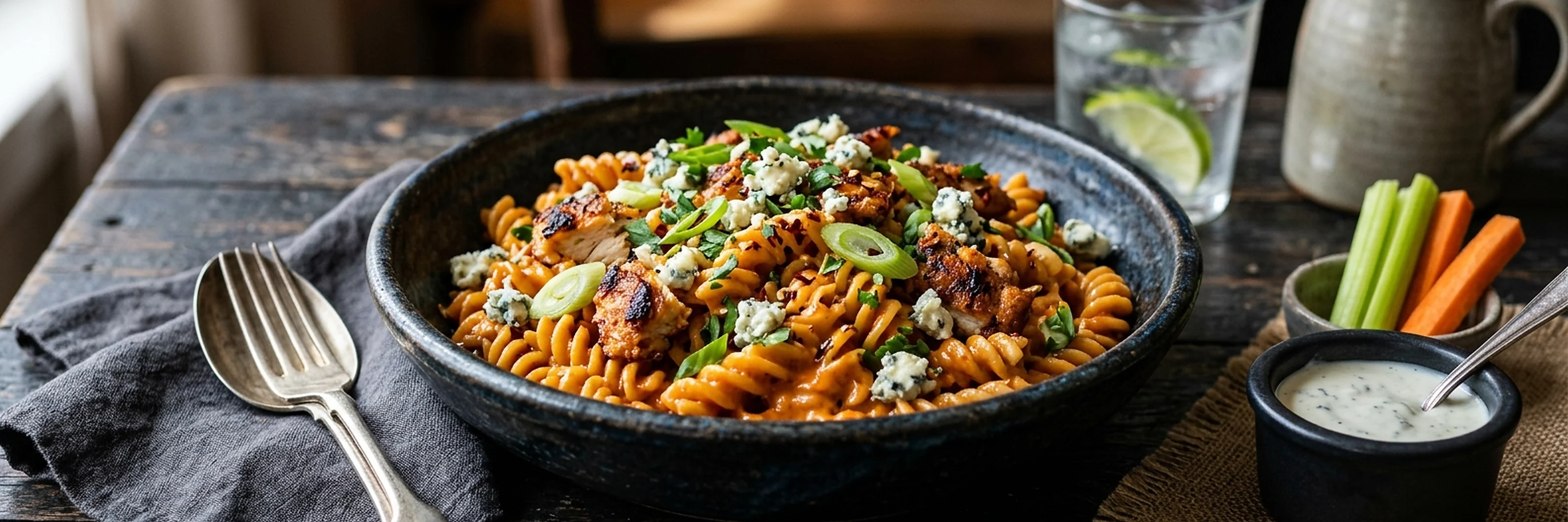 Buffalo pasta bowl with blue cheese and scallions