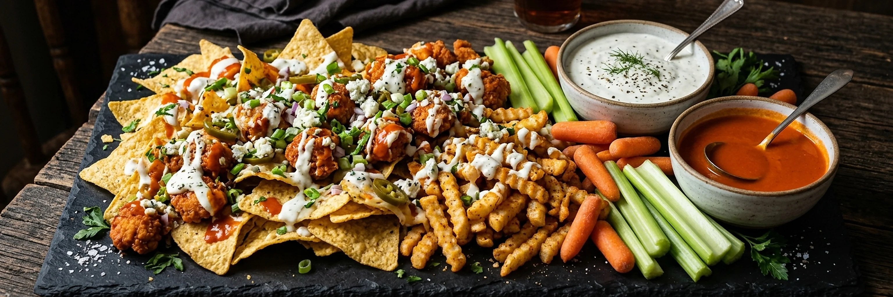 Loaded buffalo snack board with chips, fries, dips, and vegetables