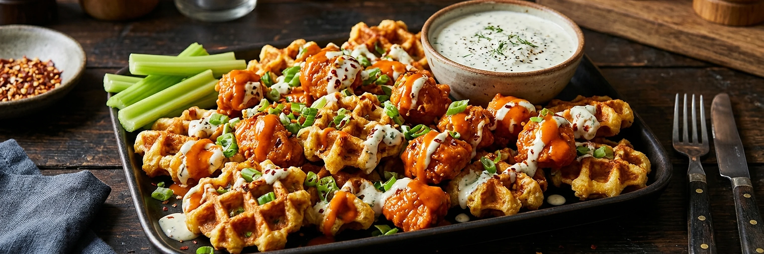 Buffalo brunch and game-day plate with savory waffle pieces